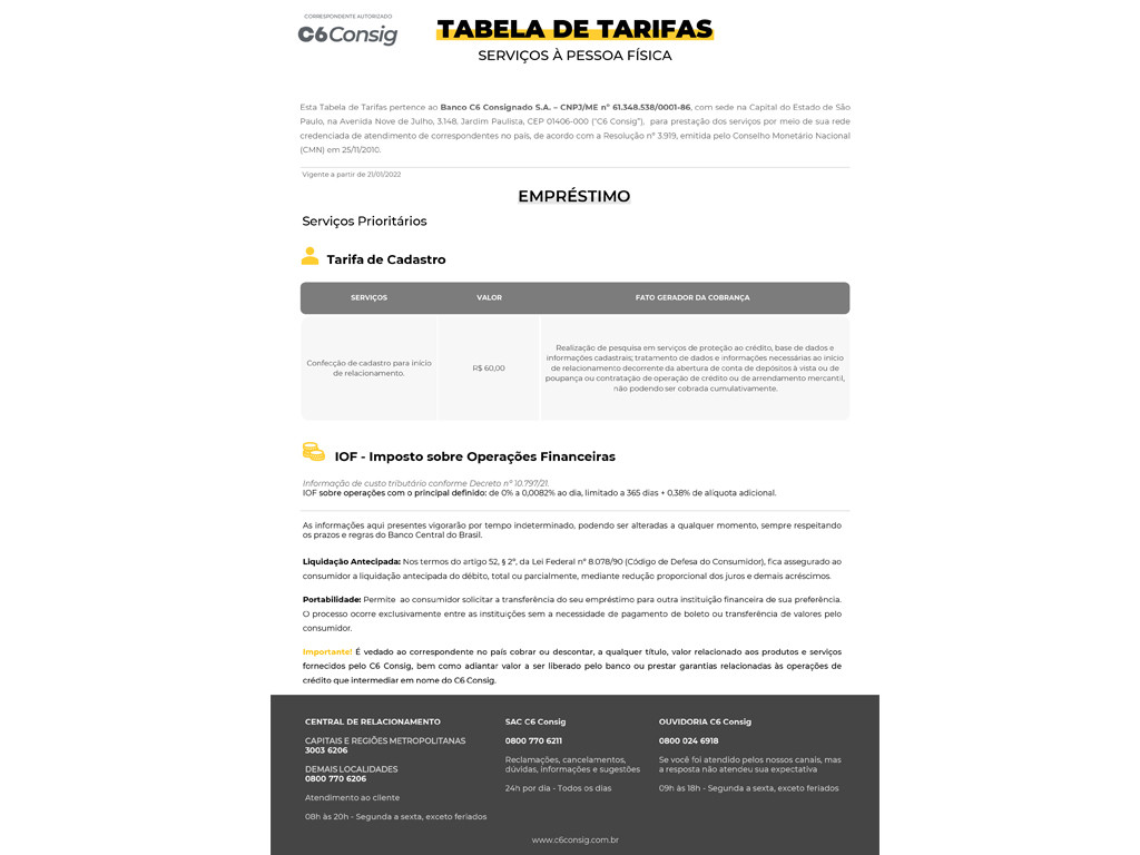 Consulte as Tarifas do C6 Bank